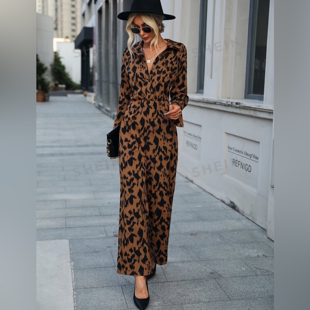 Allover Print Drop Shoulder Patched Pocket Shirt Jumpsuit